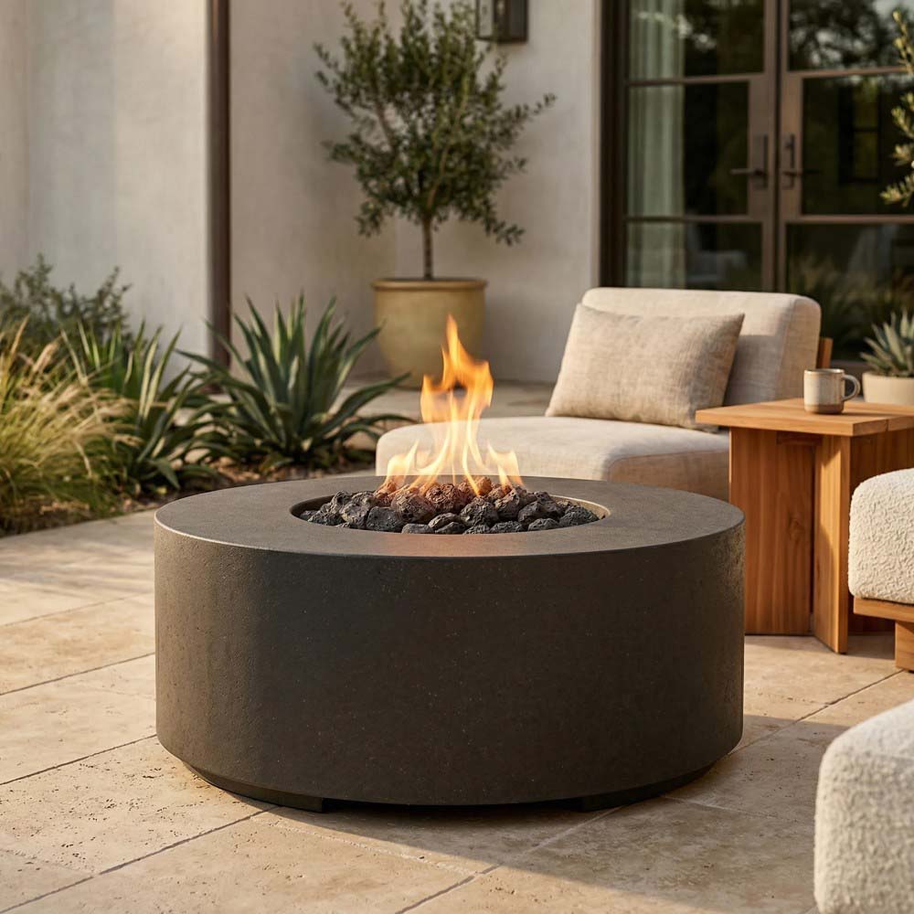 Round concrete gas fire pit on patio, dark grey bowl with visible flame
