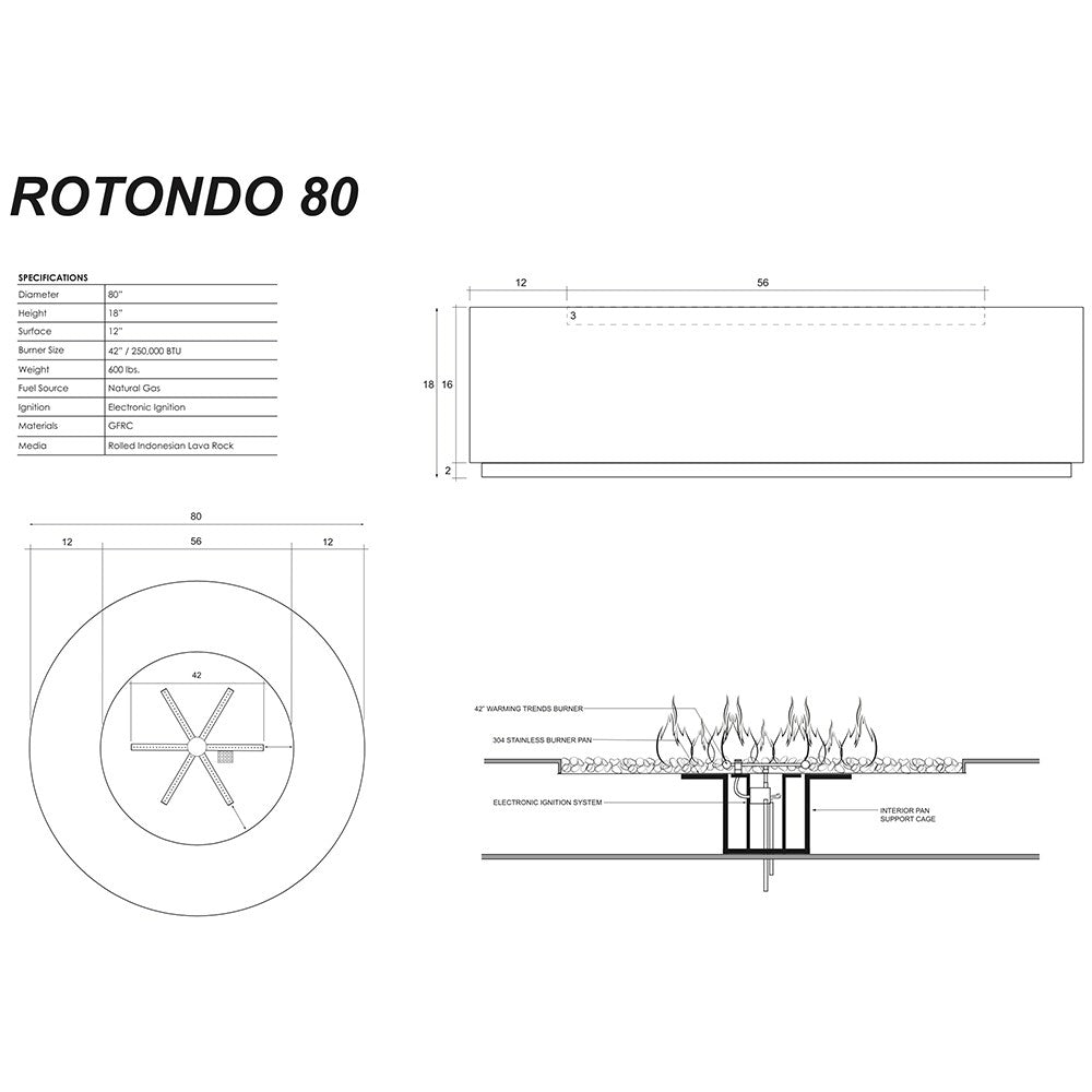 Round gas fire pit technical diagram with top and side cutaway views