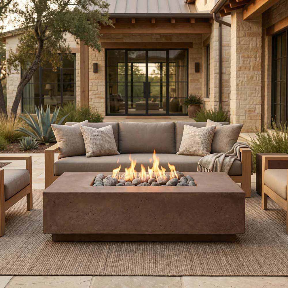 Cafe-toned concrete gas fire pit with flames burning in a rectangular firebox.