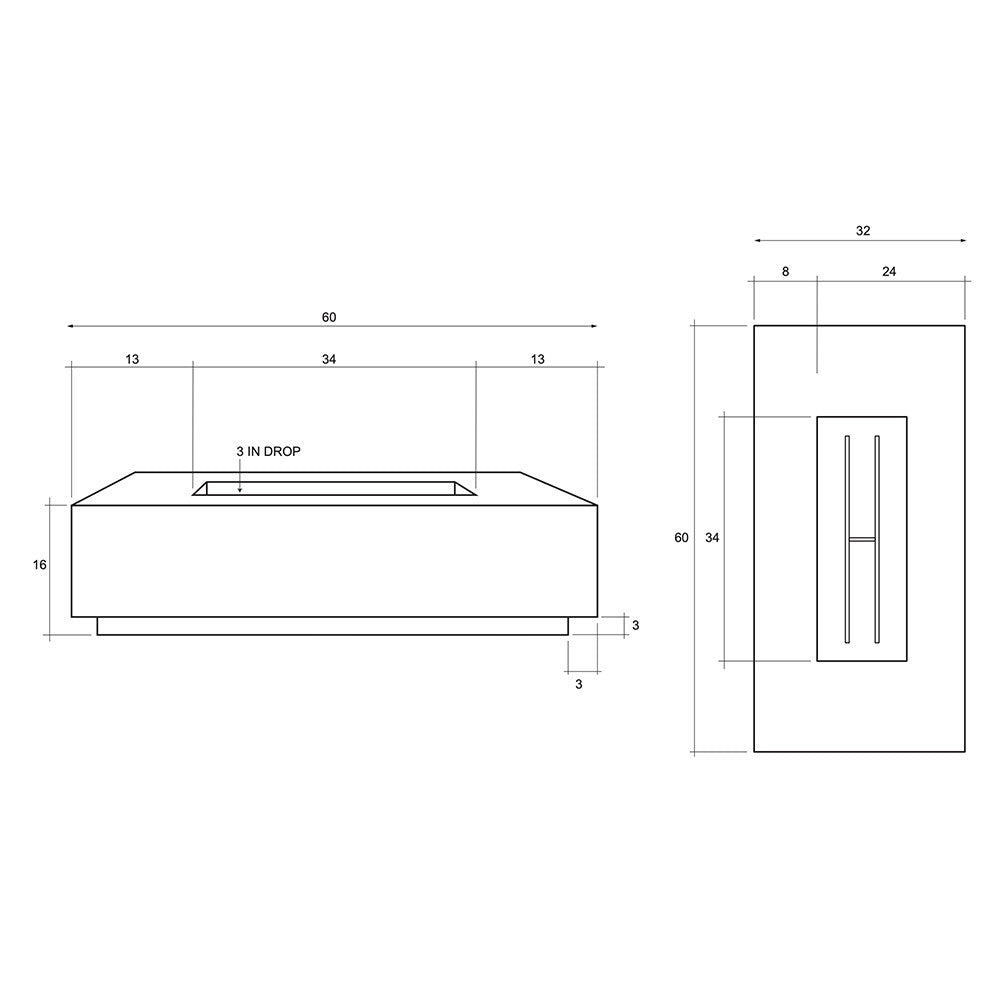 Concrete gas fire pit dimensions line drawing with width, length, and height.