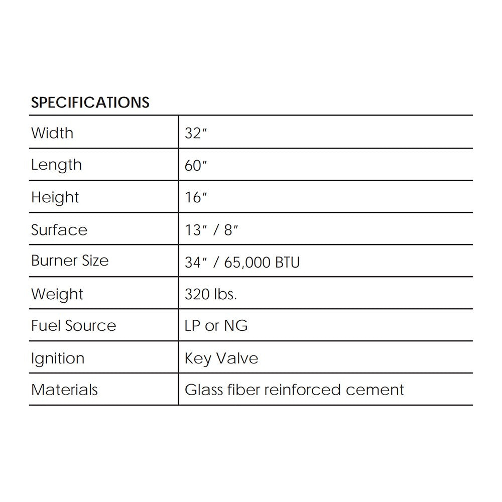 Concrete gas fire pit specifications table showing width, length, height, BTU, weight.