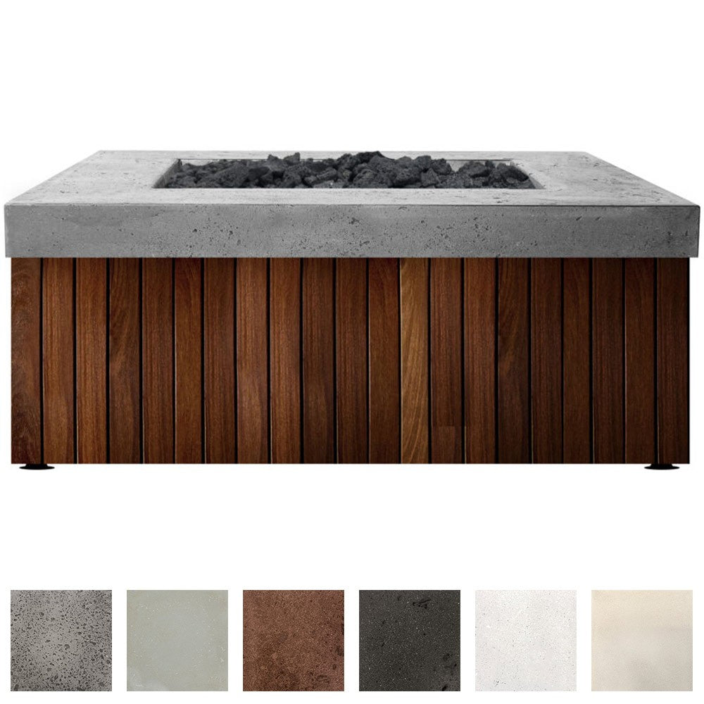 Prism Hardscapes Manchester concrete gas fire pit with gray top and wood slat sides