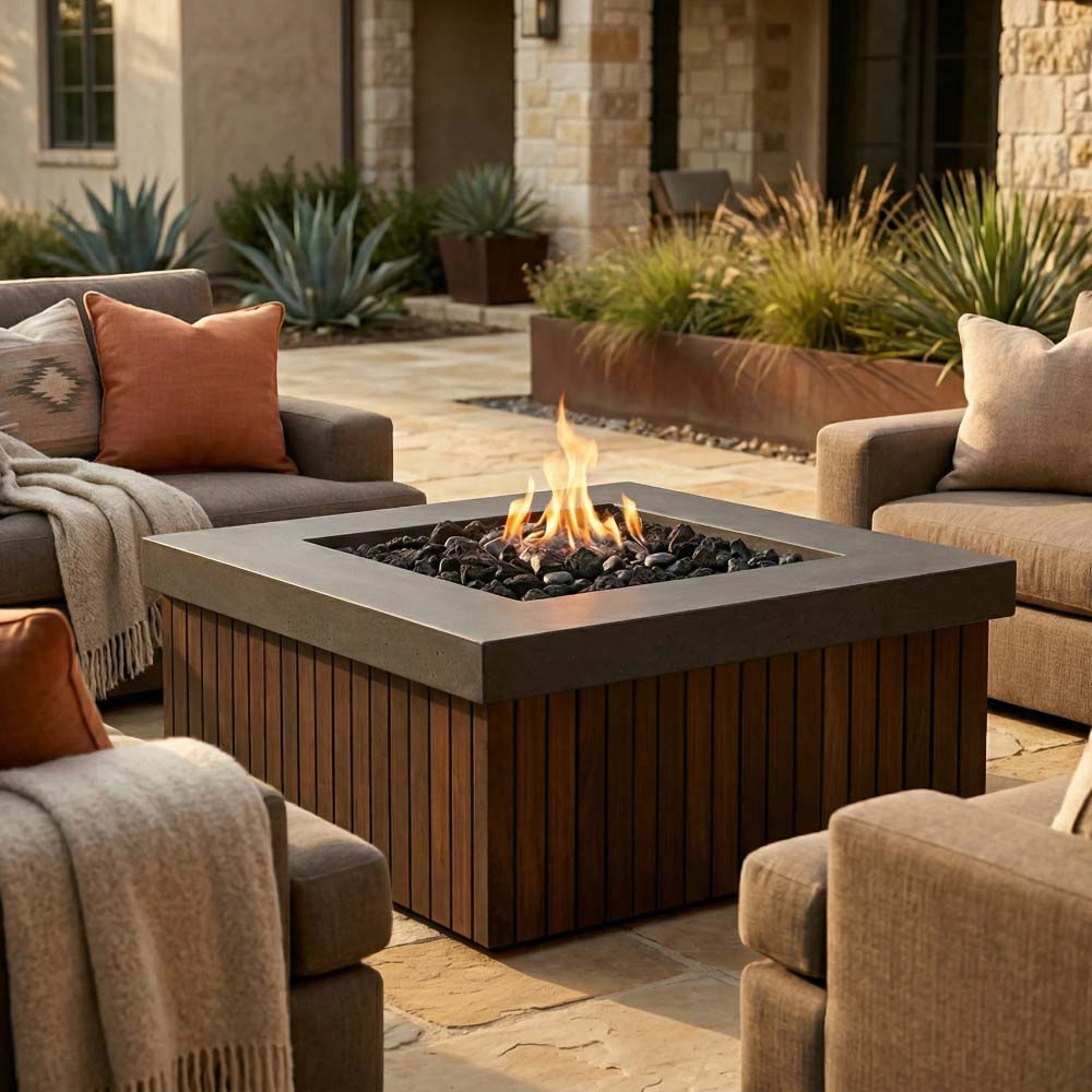 Prism Hardscapes Manchester concrete gas fire pit with flame, wood slat sides on patio