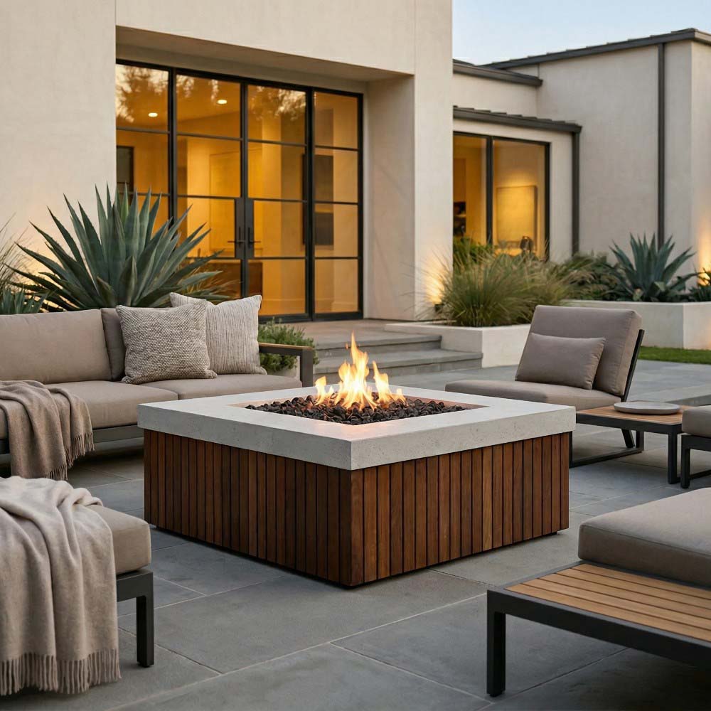 Prism Hardscapes Manchester concrete gas fire pit with burning flame in outdoor seating
