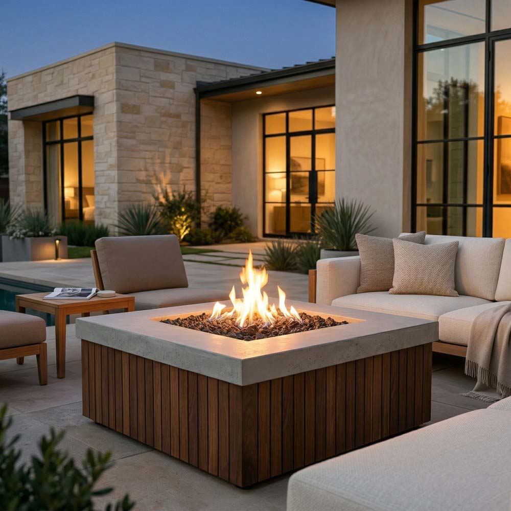 Prism Hardscapes Manchester concrete gas fire pit with visible flame in front yard patio