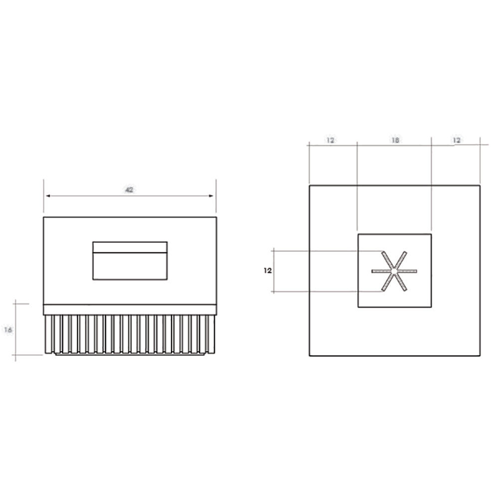 Technical line drawing of square concrete gas fire pit with burner opening and base slats.