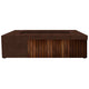 Concrete gas fire pit with brown stone finish and dark wood slatted front