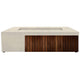 Concrete gas fire pit with light stone finish and dark wood slatted front