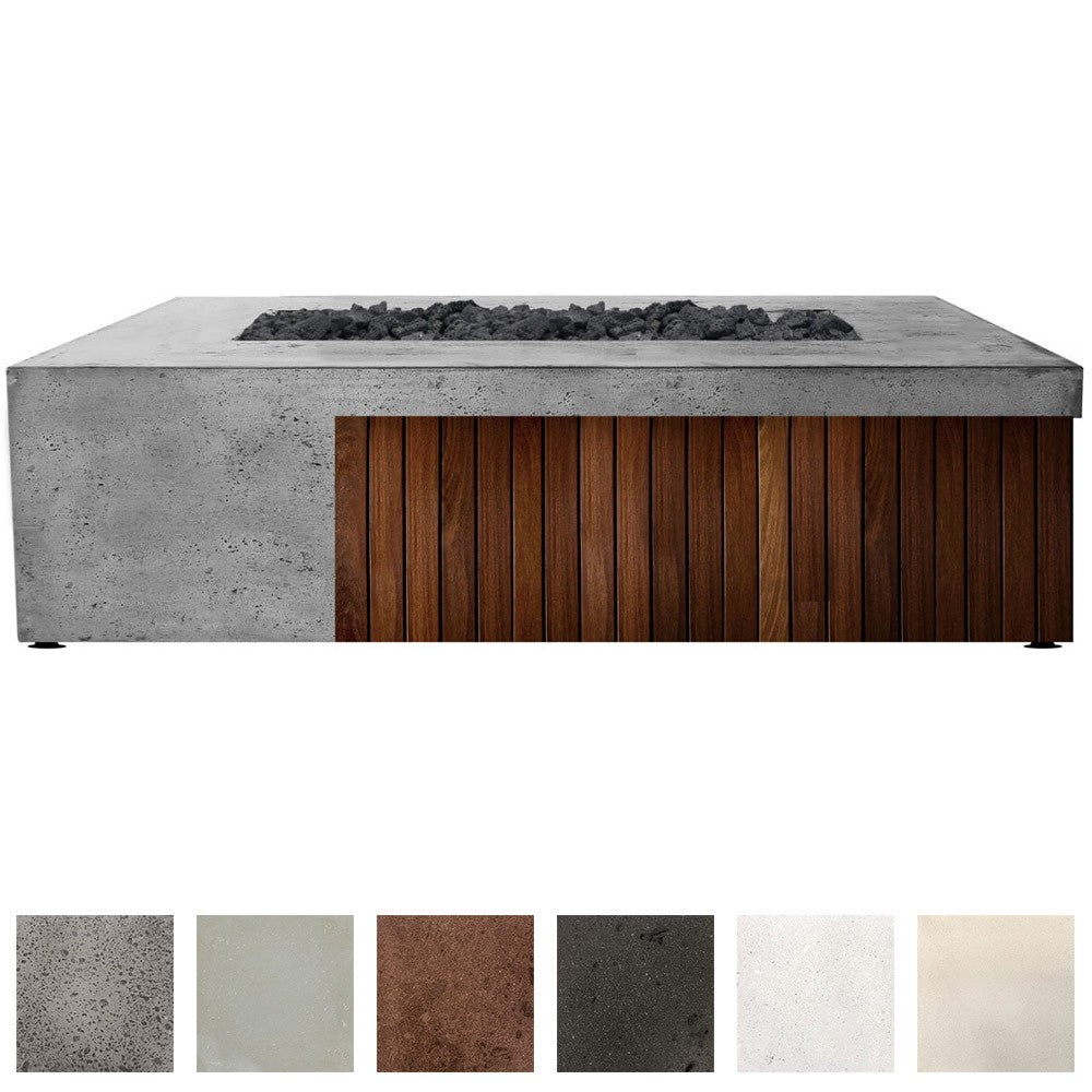 Concrete gas fire pit with dark lava rock and wood-style front panel