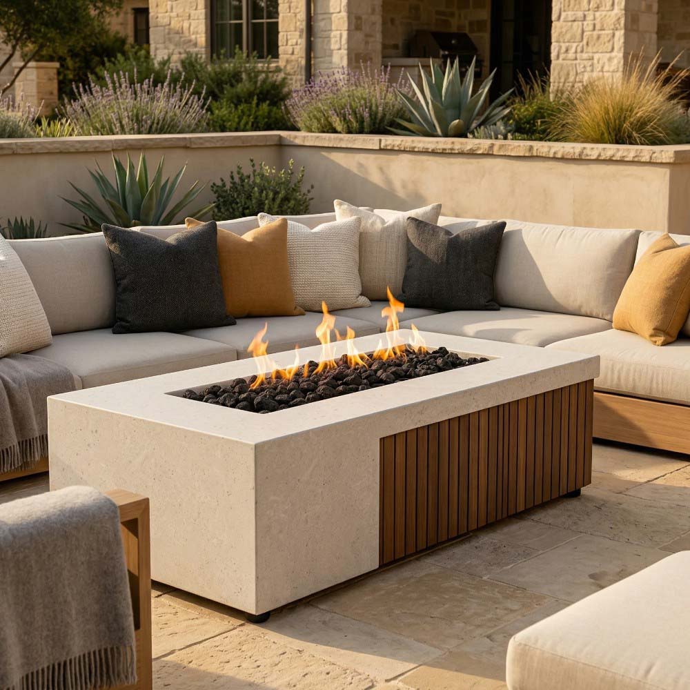 Light concrete gas fire pit with flame bowl and wood slat front panel