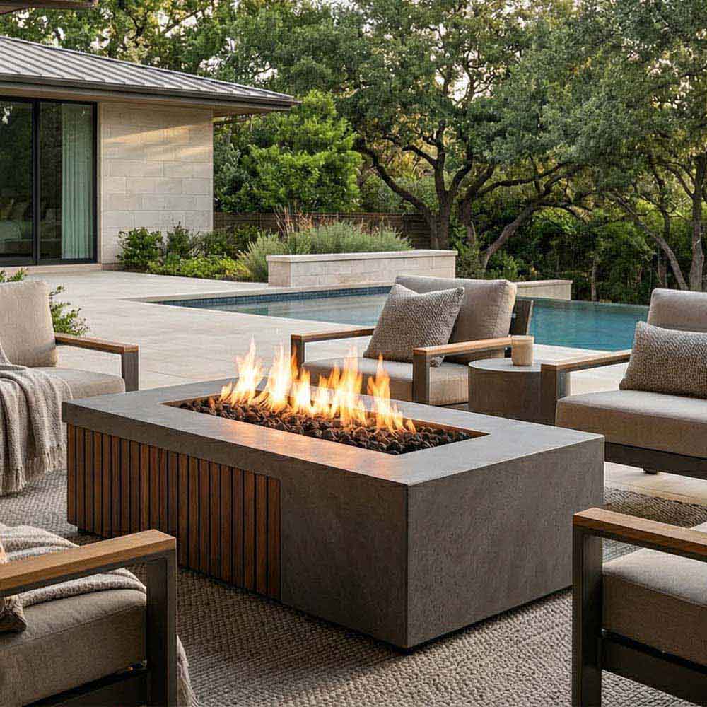 Concrete gas fire pit with flame and wood slat surround
