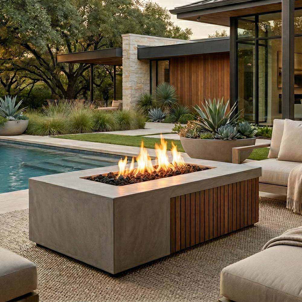 Concrete gas fire pit with flame bowl and wood slat side panel