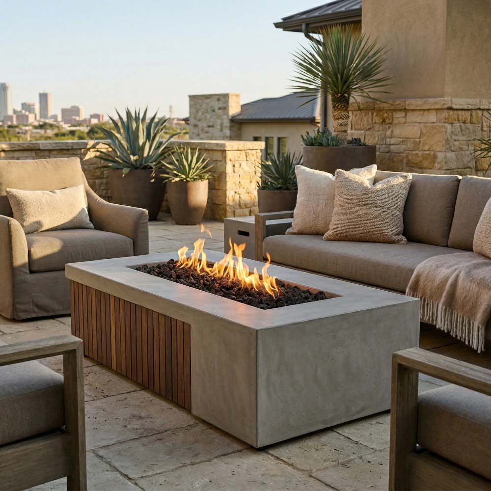 Concrete gas fire pit with flame bowl and wood slat sides