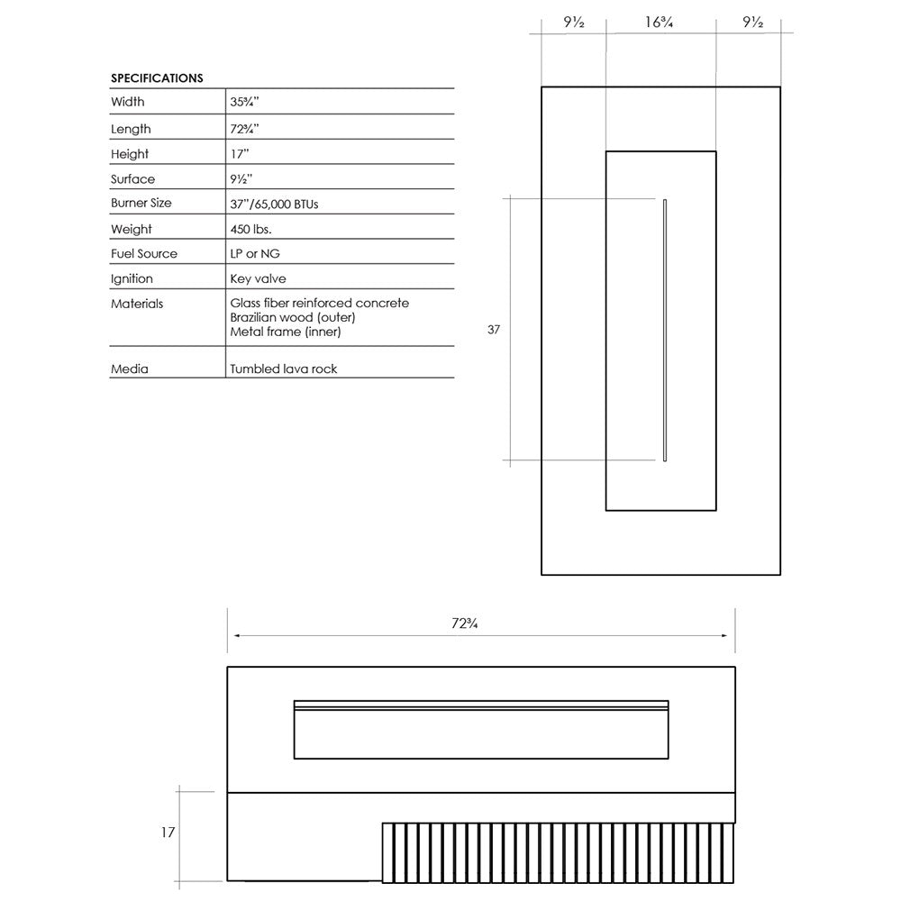 Concrete gas fire pit dimension diagram with top and side measurements