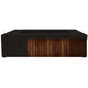 Concrete gas fire pit with dark stone finish and dark wood slatted front