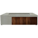 Concrete gas fire pit with gray stone finish and dark wood slatted front