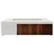 Concrete gas fire pit with light gray base and dark wood front panel, rectangular.