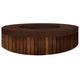 Round concrete gas fire pit with dark speckled top and wood slat side panels