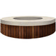 Round concrete gas fire pit with light speckled top and wood slat side panels