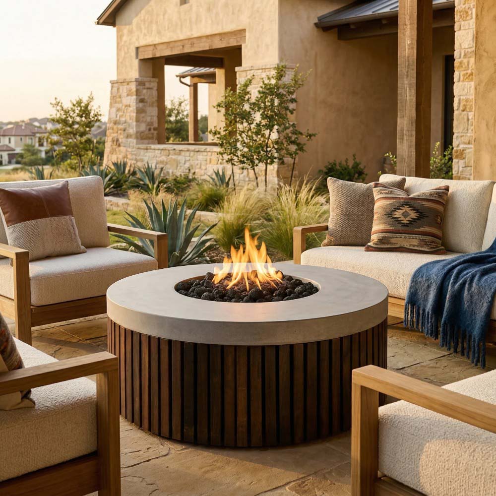 Round concrete gas fire pit with burning flames, wood-slat sides, and outdoor seating