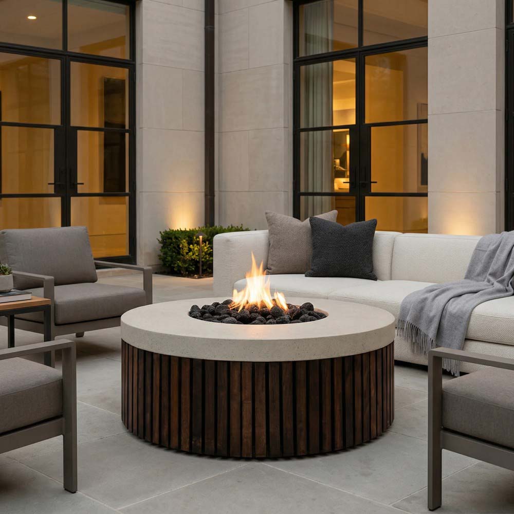 Outdoor round concrete gas fire pit with flames, wood-slat base, and stone patio