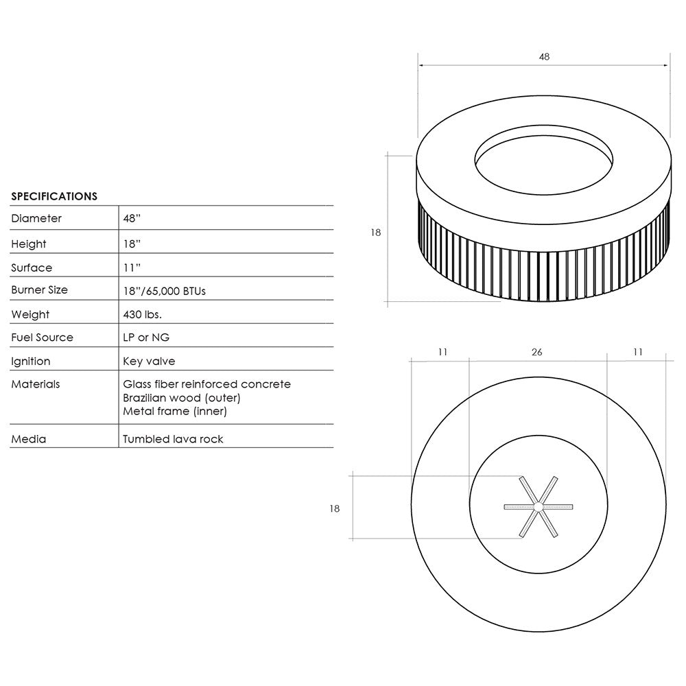 Technical diagram of a round concrete gas fire pit with dimensions and key valve