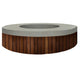 Round concrete gas fire pit with light gray speckled top and wood slat side panels