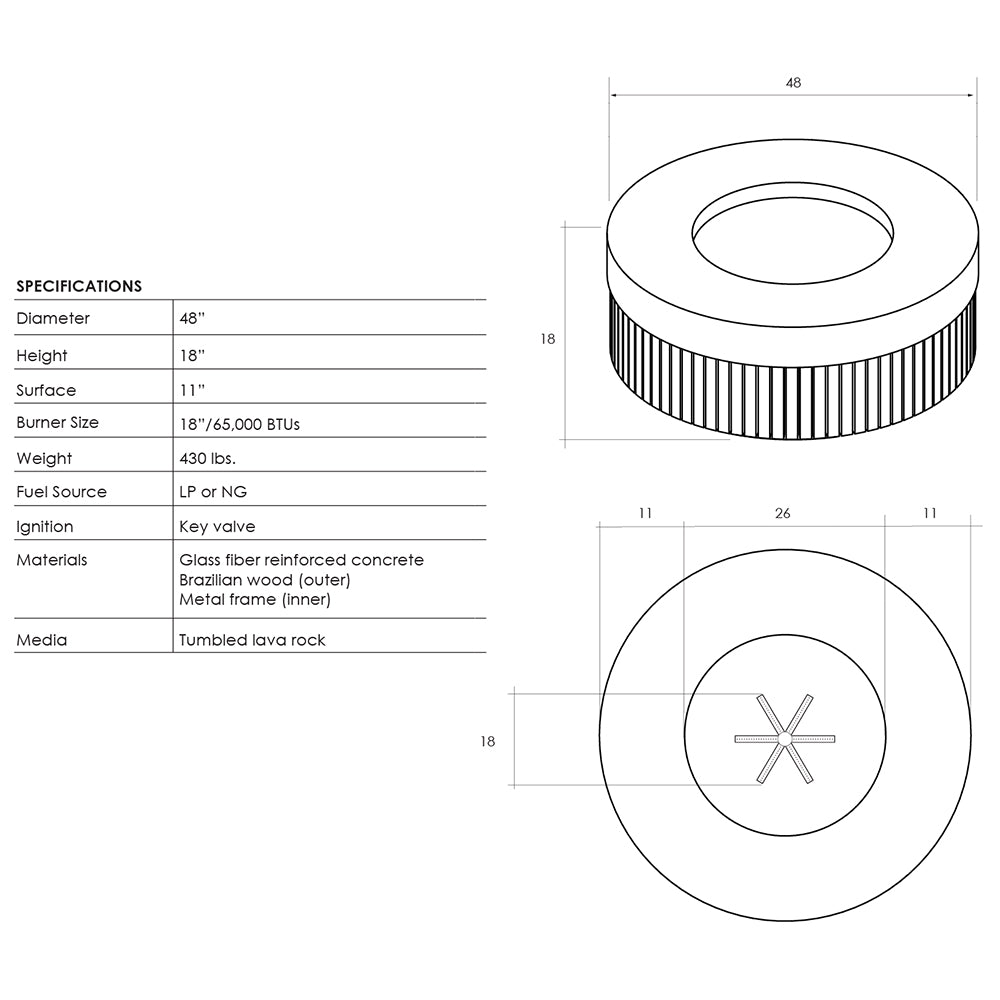 Gas fire pit technical diagram with round top view and dimensions