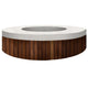 Round concrete gas fire pit with light speckled top, round burner opening, wood slat sides