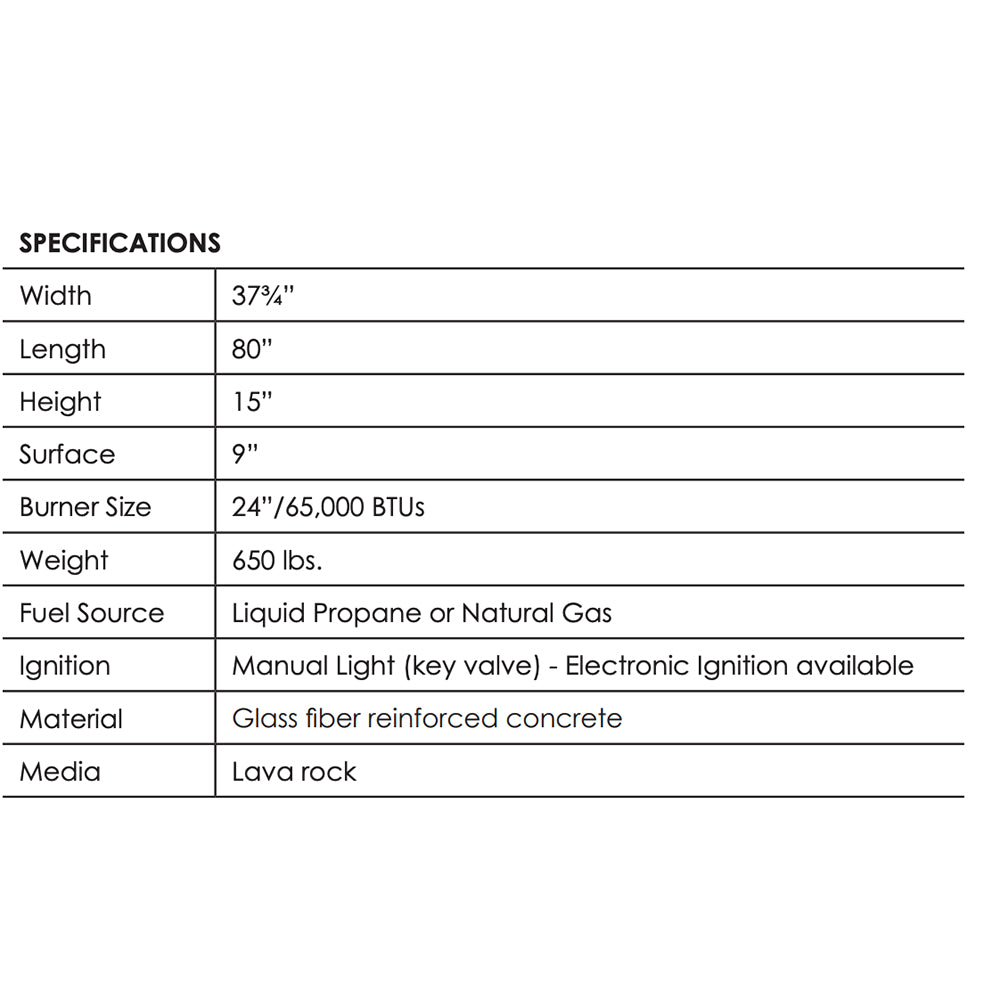 Gas fire pit specifications table with dimensions and fuel options