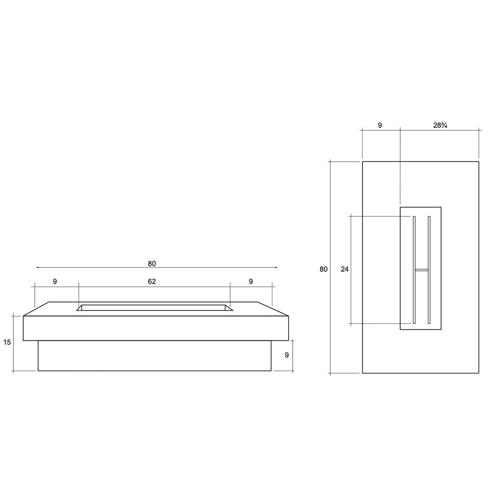 Technical drawing of rectangular concrete gas fire pit with burner layout