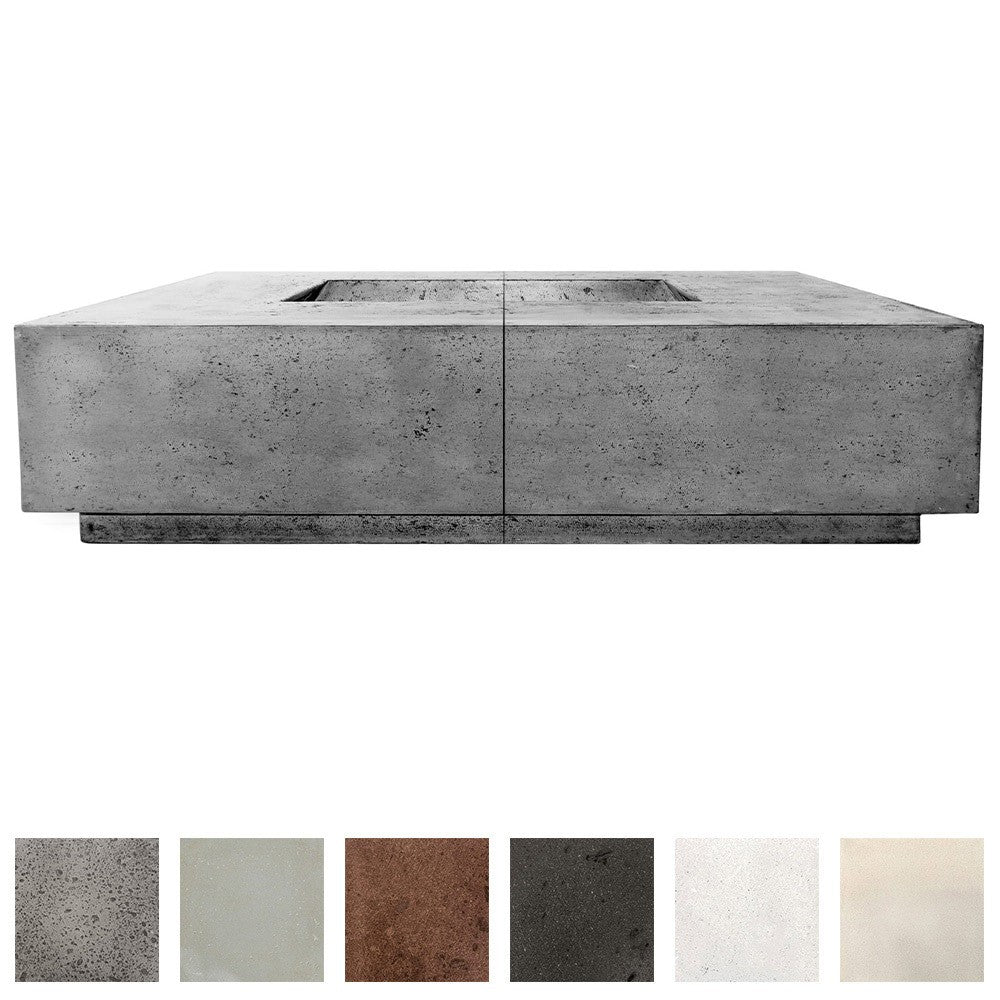 Concrete gas fire pit with rectangular burner opening, light gray stone-look finish