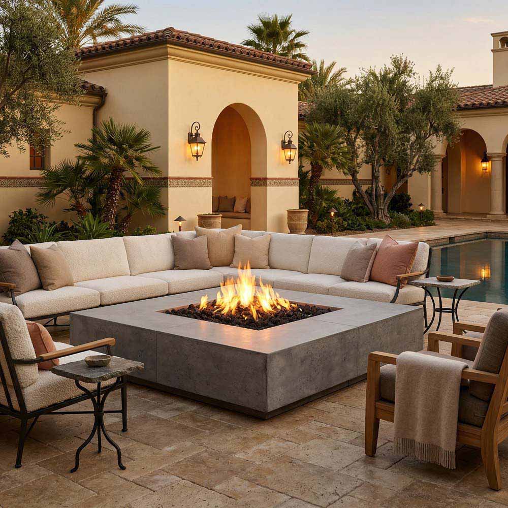 Large outdoor concrete gas fire pit with square fire bowl and visible flames