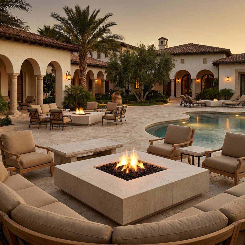 Concrete gas fire pit with square fire bowl and flames in outdoor courtyard