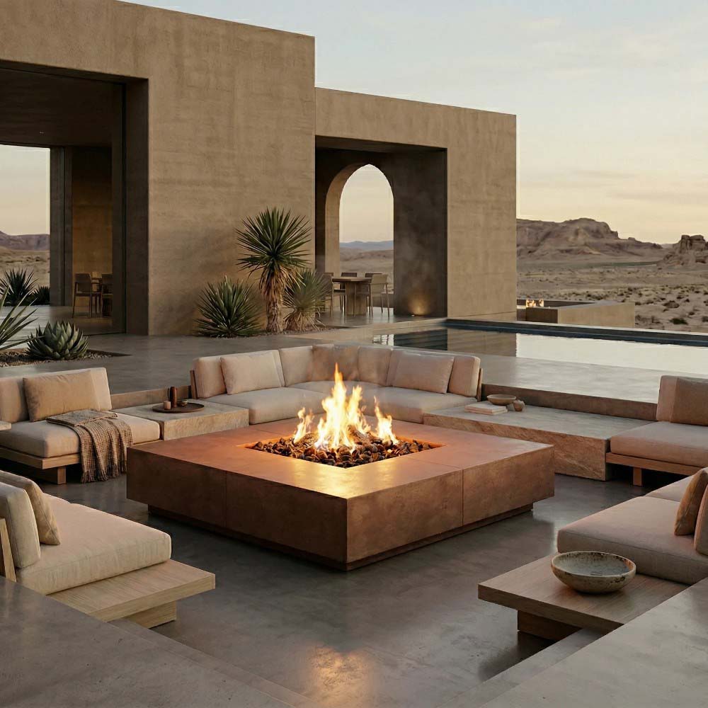 Outdoor concrete gas fire pit centerpiece with square base and visible flames