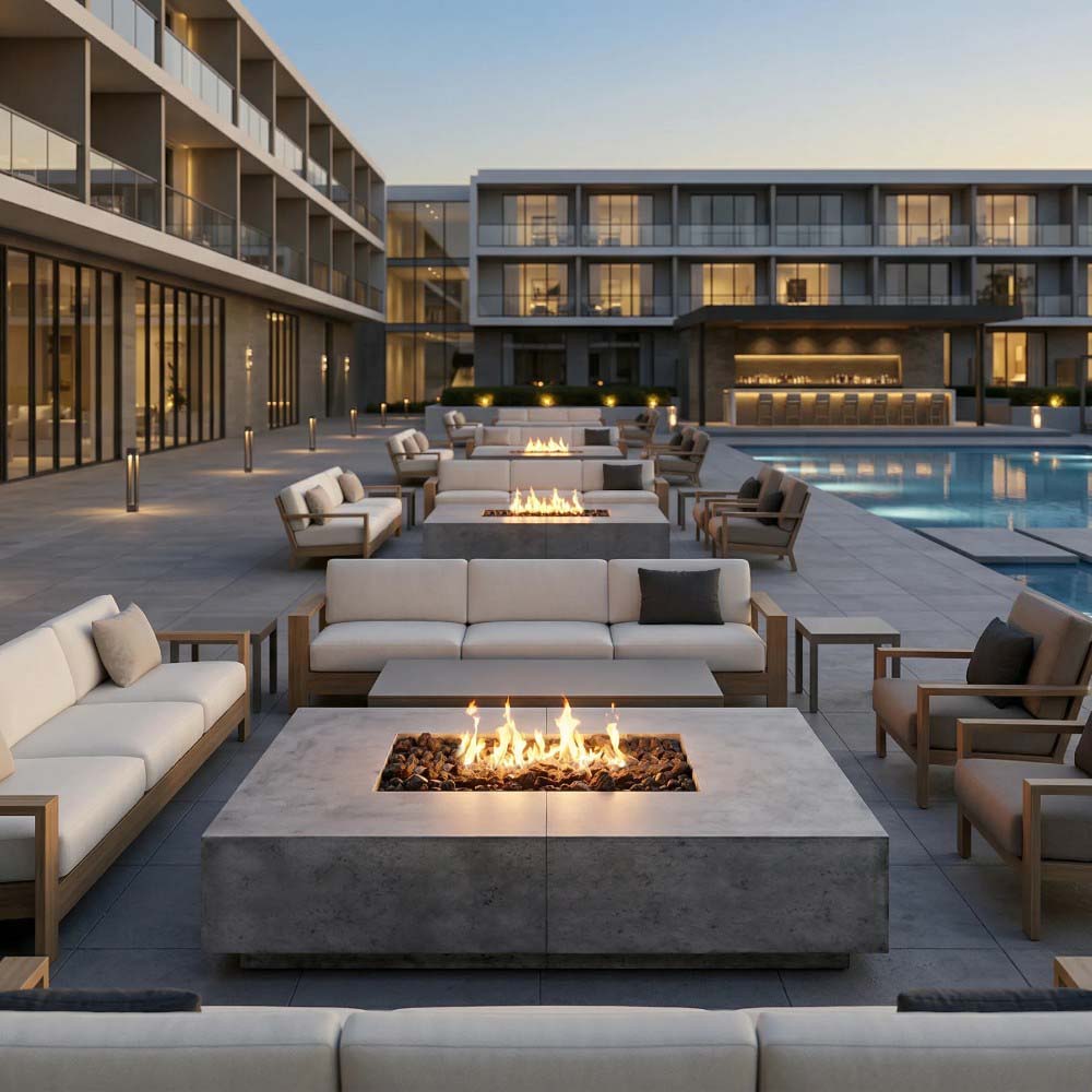 Rectangular concrete gas fire pit with flames on outdoor terrace