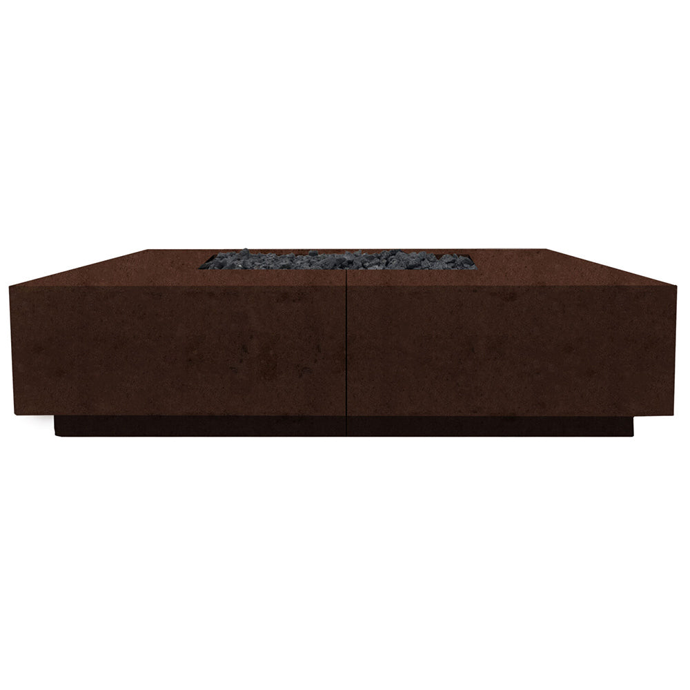 Concrete gas fire pit with rectangular burner opening, rich brown stone-look finish