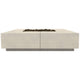 Concrete gas fire pit with rectangular burner opening, square base, light concrete finish.