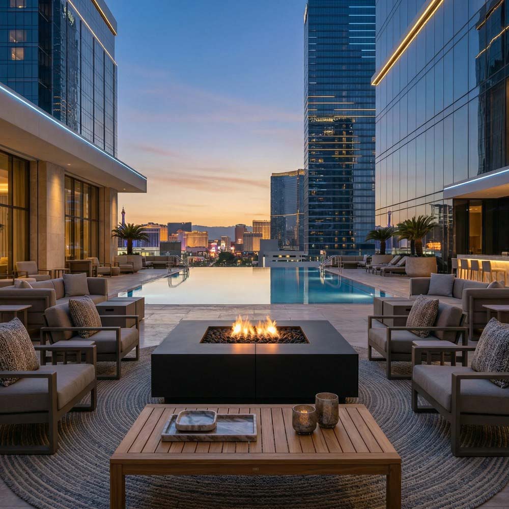Concrete square gas fire pit with flames on terrace near pool and outdoor lounge seating.