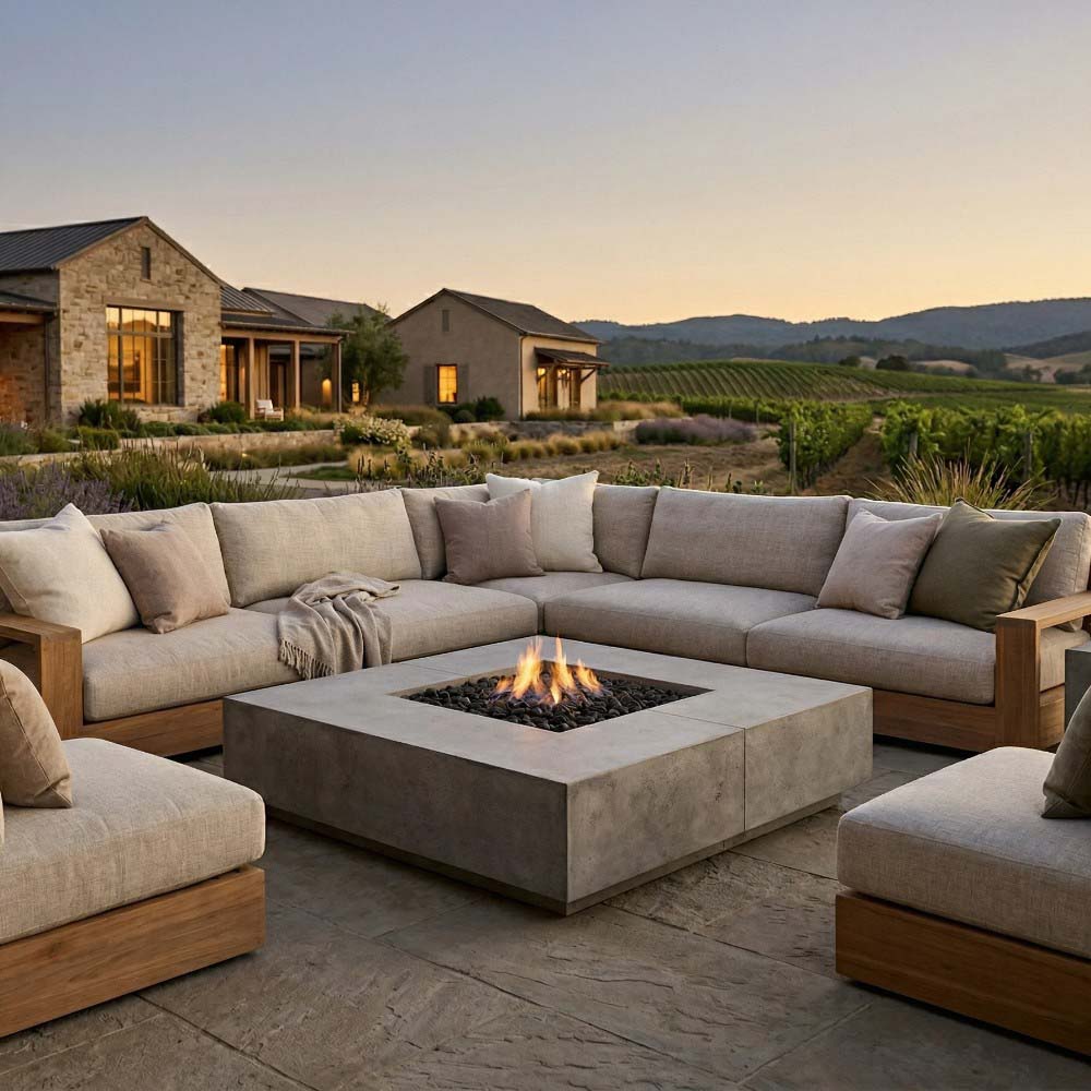 Square concrete gas fire pit with flame in center, set in outdoor conversation seating.