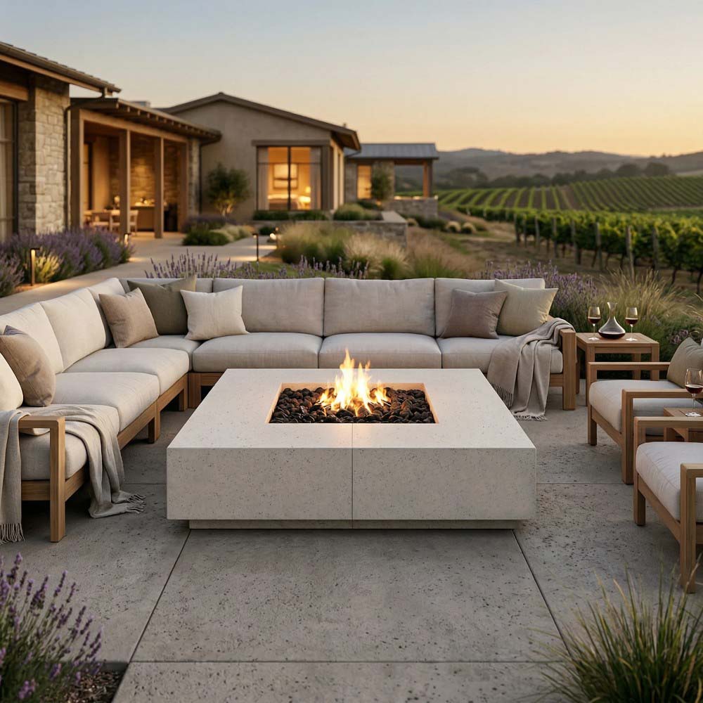 Square concrete gas fire pit with flames, positioned in outdoor patio seating area.