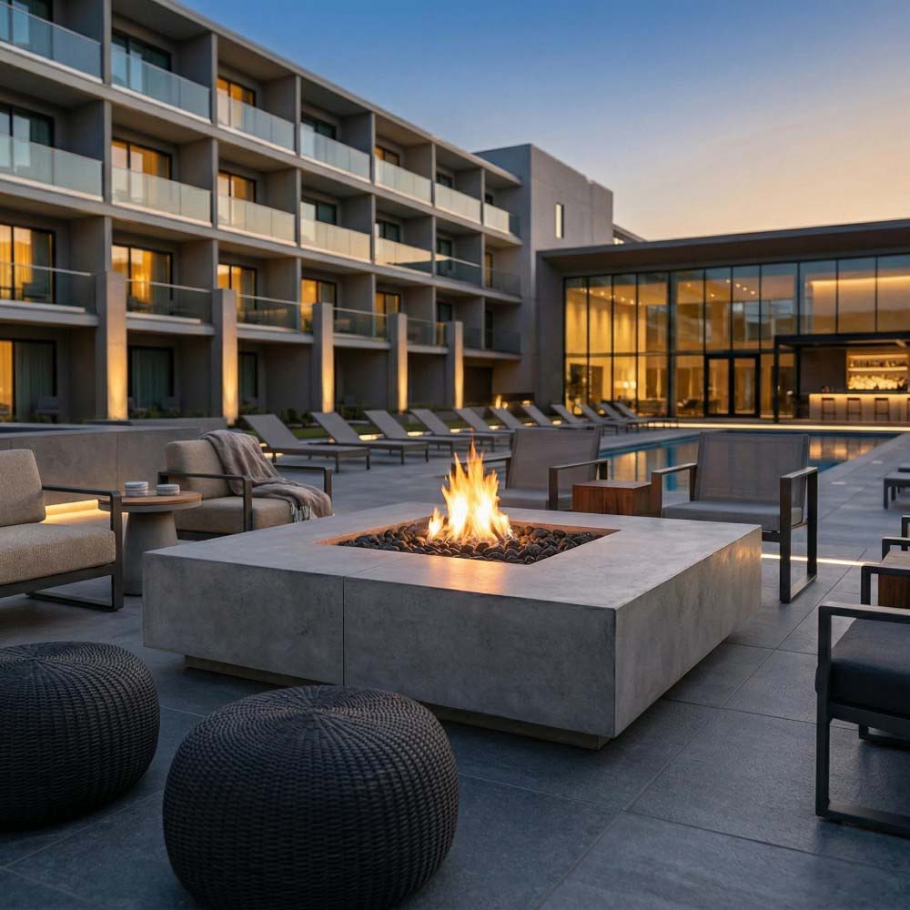 Square concrete gas fire pit with visible flame, styled in modern outdoor patio layout.