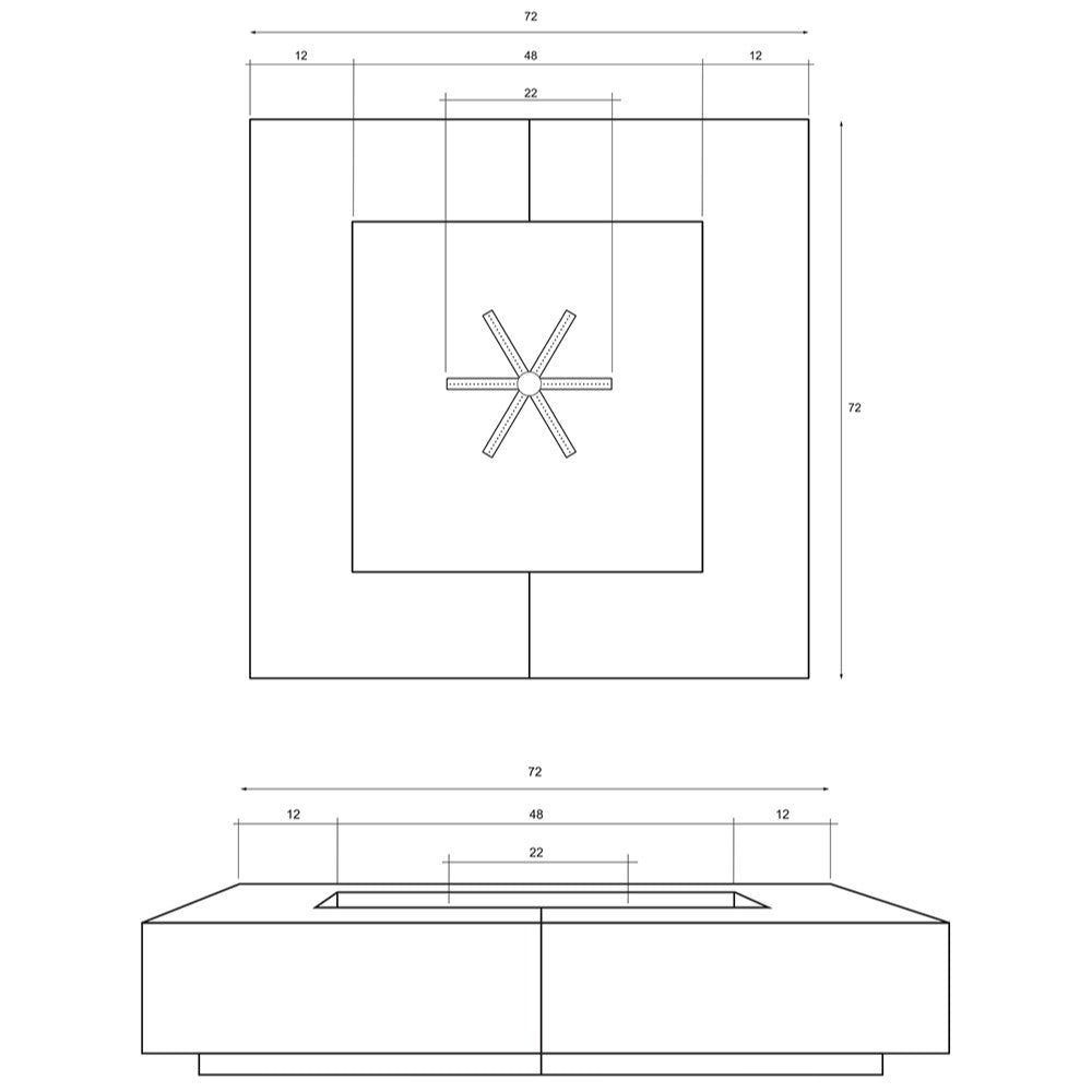 Technical diagram for square concrete gas fire pit showing burner and ignition layout.