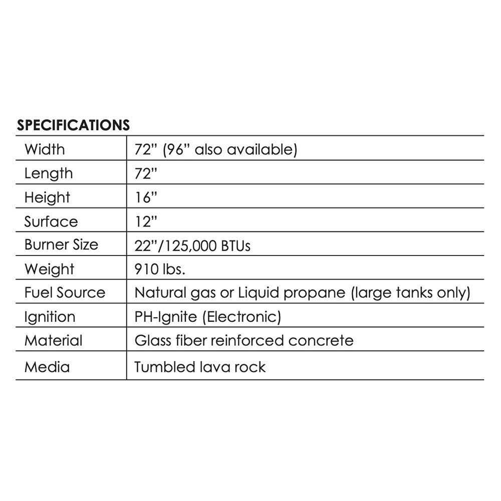 Concrete gas fire pit specifications sheet with dimensions, BTUs, ignition, and fuel type.