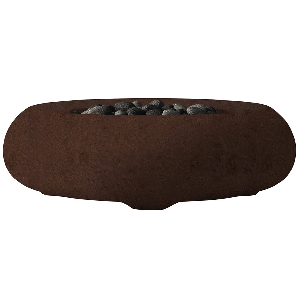 Concrete gas fire bowl with smooth oval rim and dark lava rocks, brown finish.