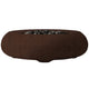 Concrete gas fire bowl with smooth oval rim and dark lava rocks, brown finish.