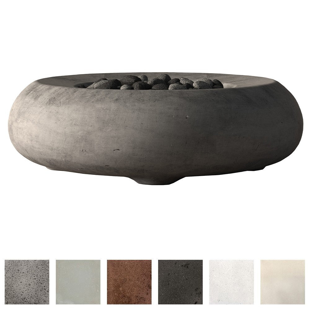 Concrete gas fire bowl in dark gray with lava rocks on top