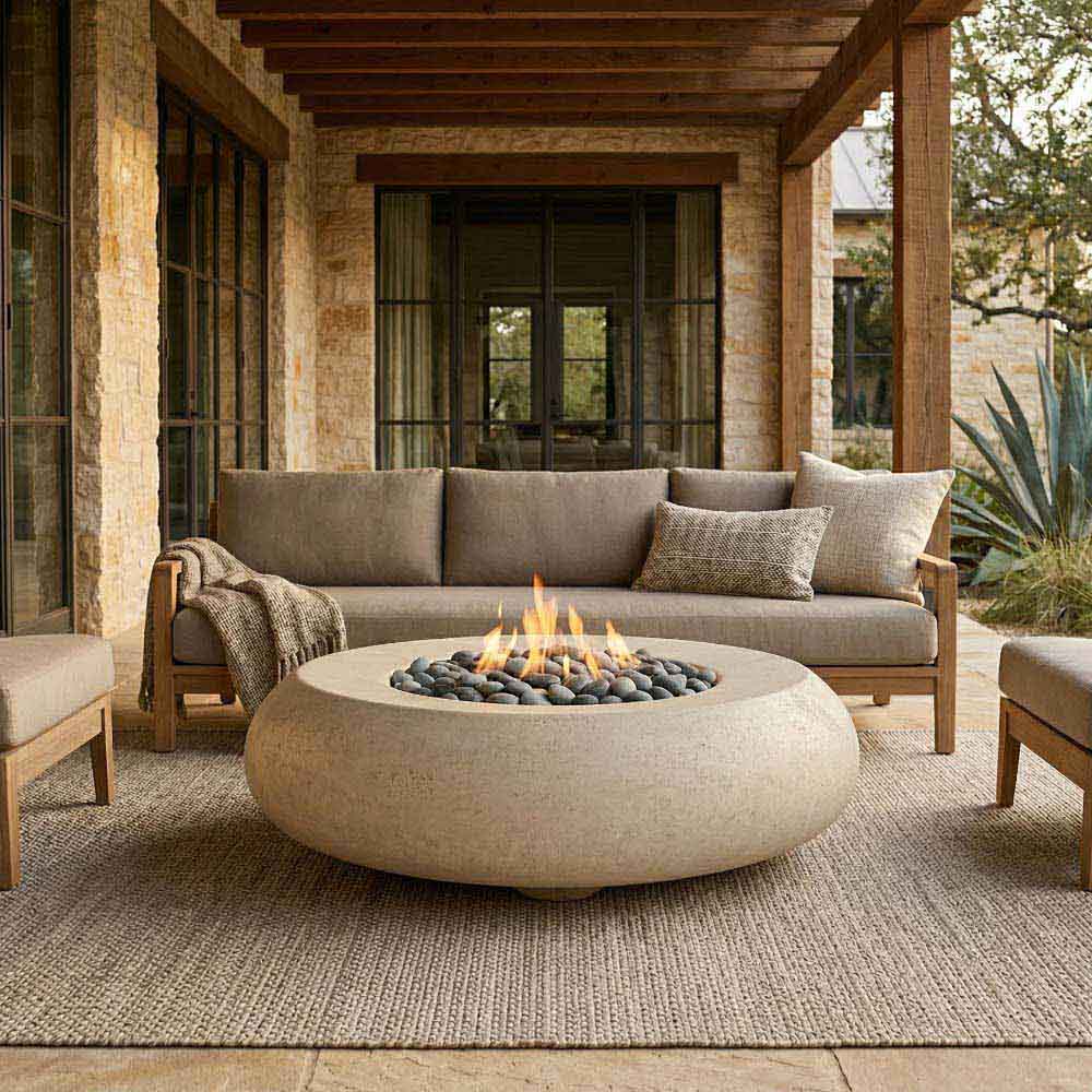 Light beige concrete gas fire bowl with flame and lava-rock bed
