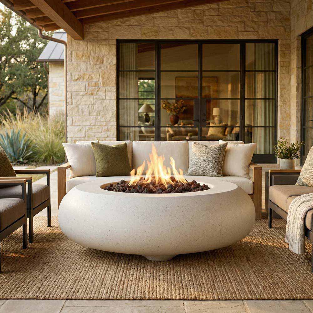 Ultra white concrete gas fire bowl with flame and lava rocks