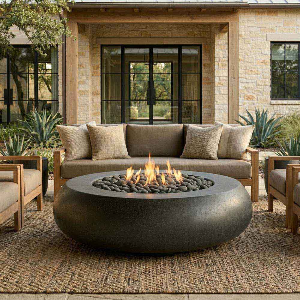Dark gray concrete gas fire bowl with flame and lava rocks